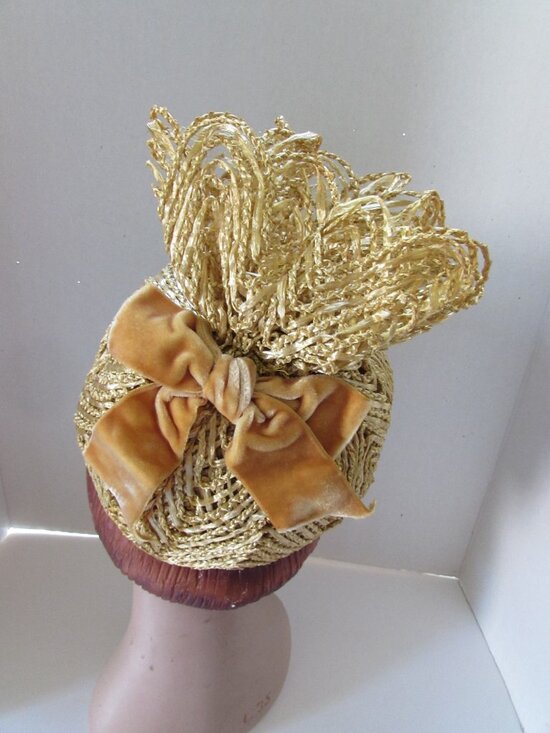 Vintage Hat Mustard Tone Raffia Soaring Plume